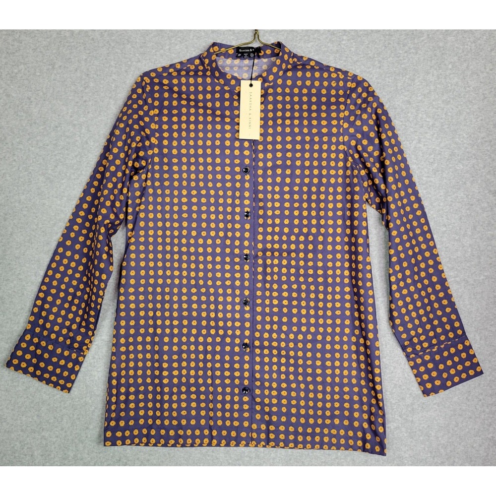 Saaksha & Kinni Indigo Gold Polka Dot Mandarin Collar Button Down Shirt Blouse M
